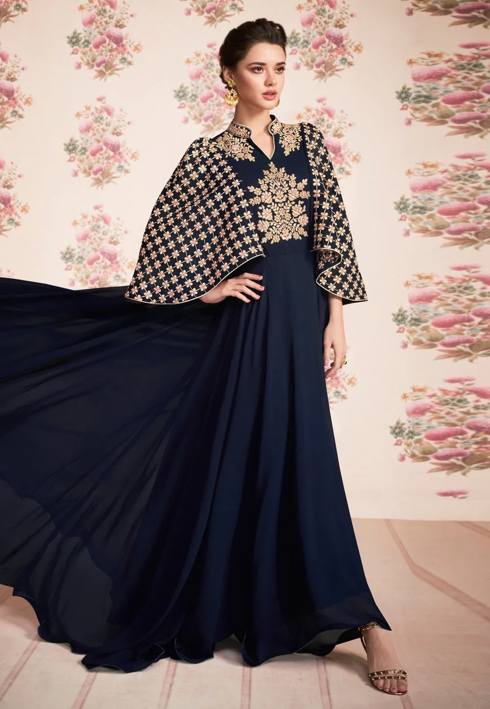 Navy Blue Kaftan Style Embroidered Anarkali Suit