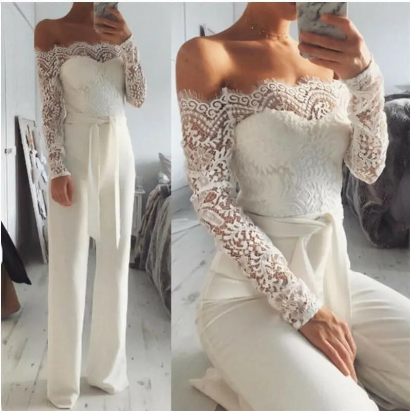 Off-shoulder Lace Neckline Butterfly Jumpsuit with Wide-leg Pants