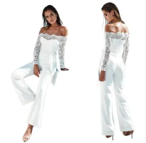 Off-shoulder Lace Neckline Butterfly Jumpsuit with Wide-leg Pants