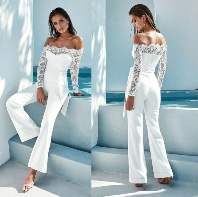 Off-shoulder Lace Neckline Butterfly Jumpsuit with Wide-leg Pants