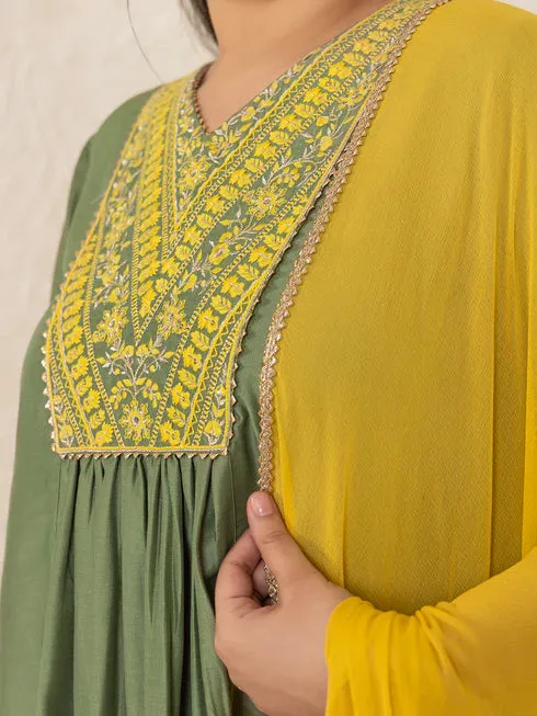 Olive Green & Yellow Chinnon Yoke Embroidered Suit Set with ChiffonDupatta