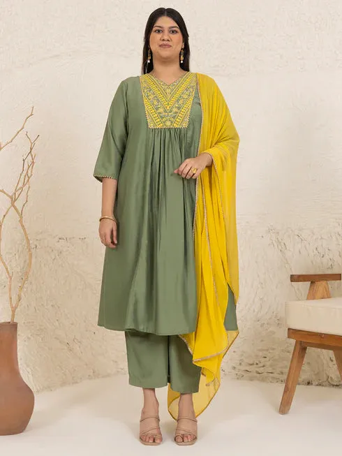 Olive Green & Yellow Chinnon Yoke Embroidered Suit Set with ChiffonDupatta