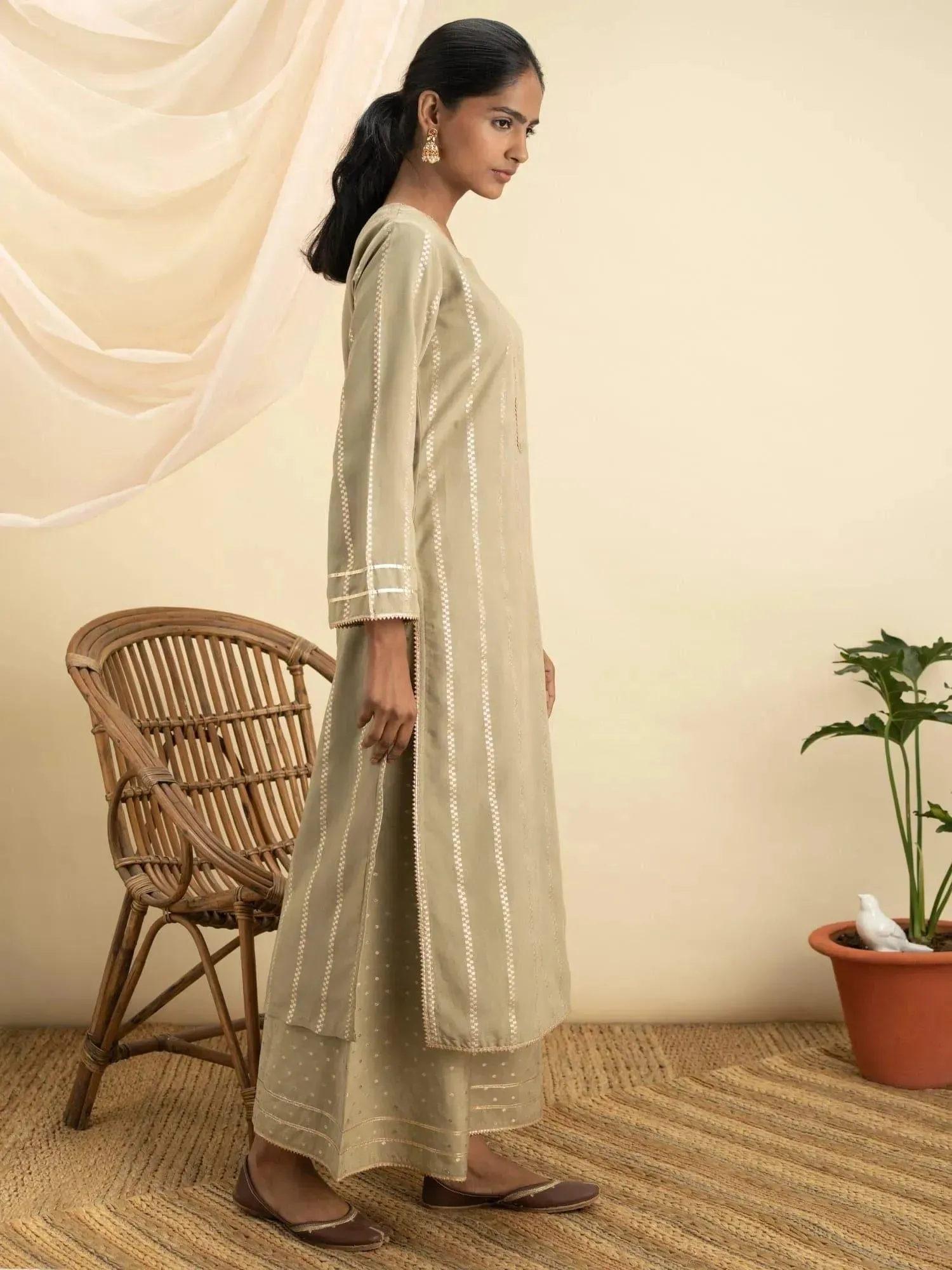 Olive Self Design Chanderi Silk Straight Kurta With Palazzos