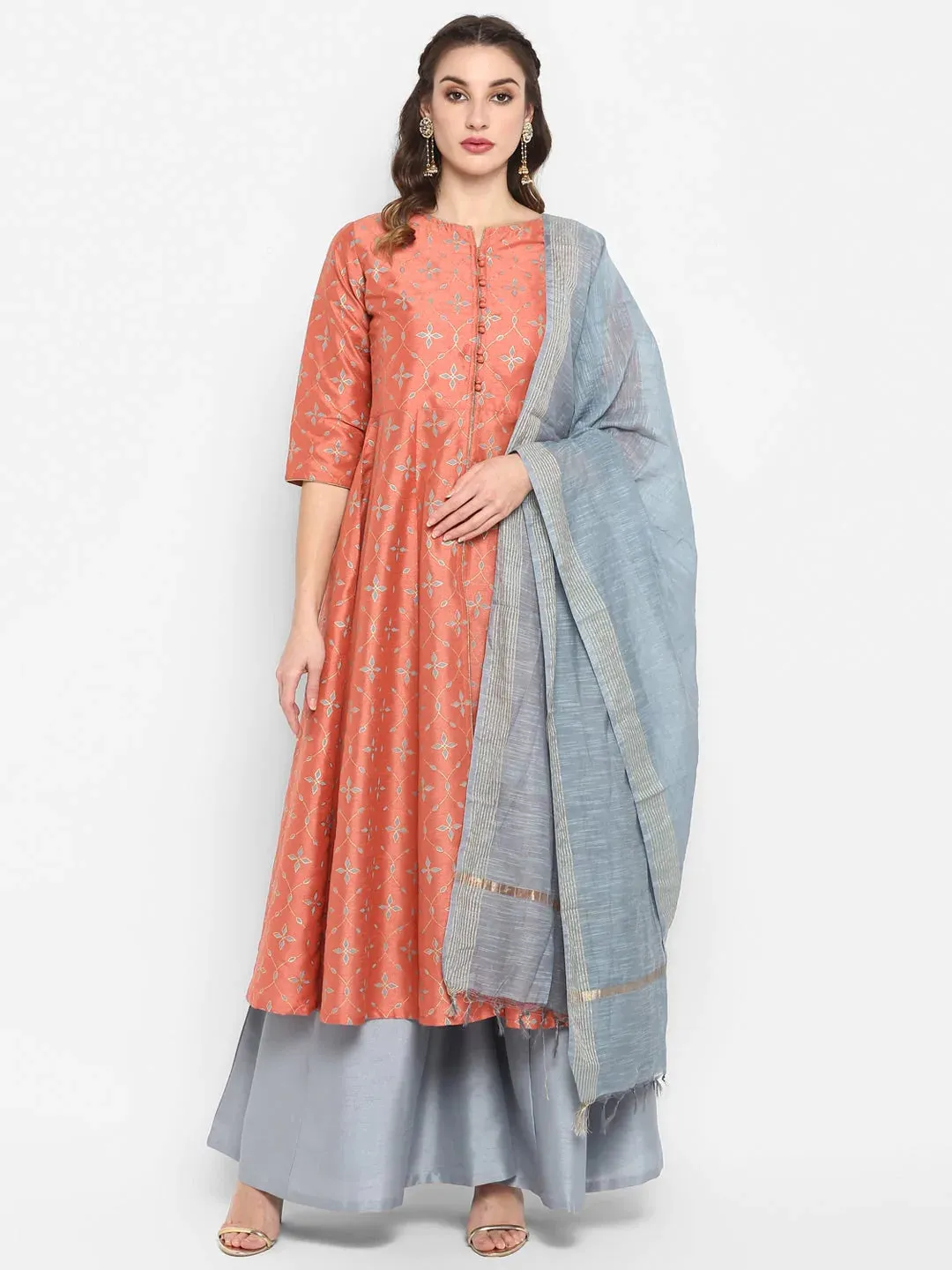 Orange & Grey Cotton Flex Suit Set with Dupatta