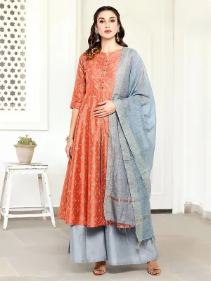 Orange & Grey Cotton Flex Suit Set with Dupatta