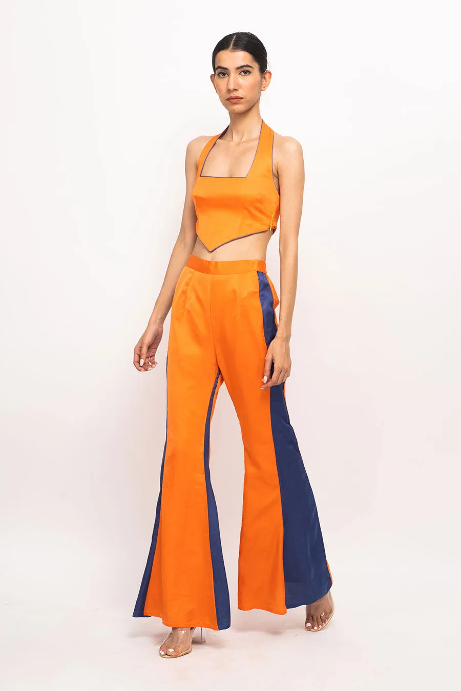 Orange-Blue Halter Neck Co-Ord Set