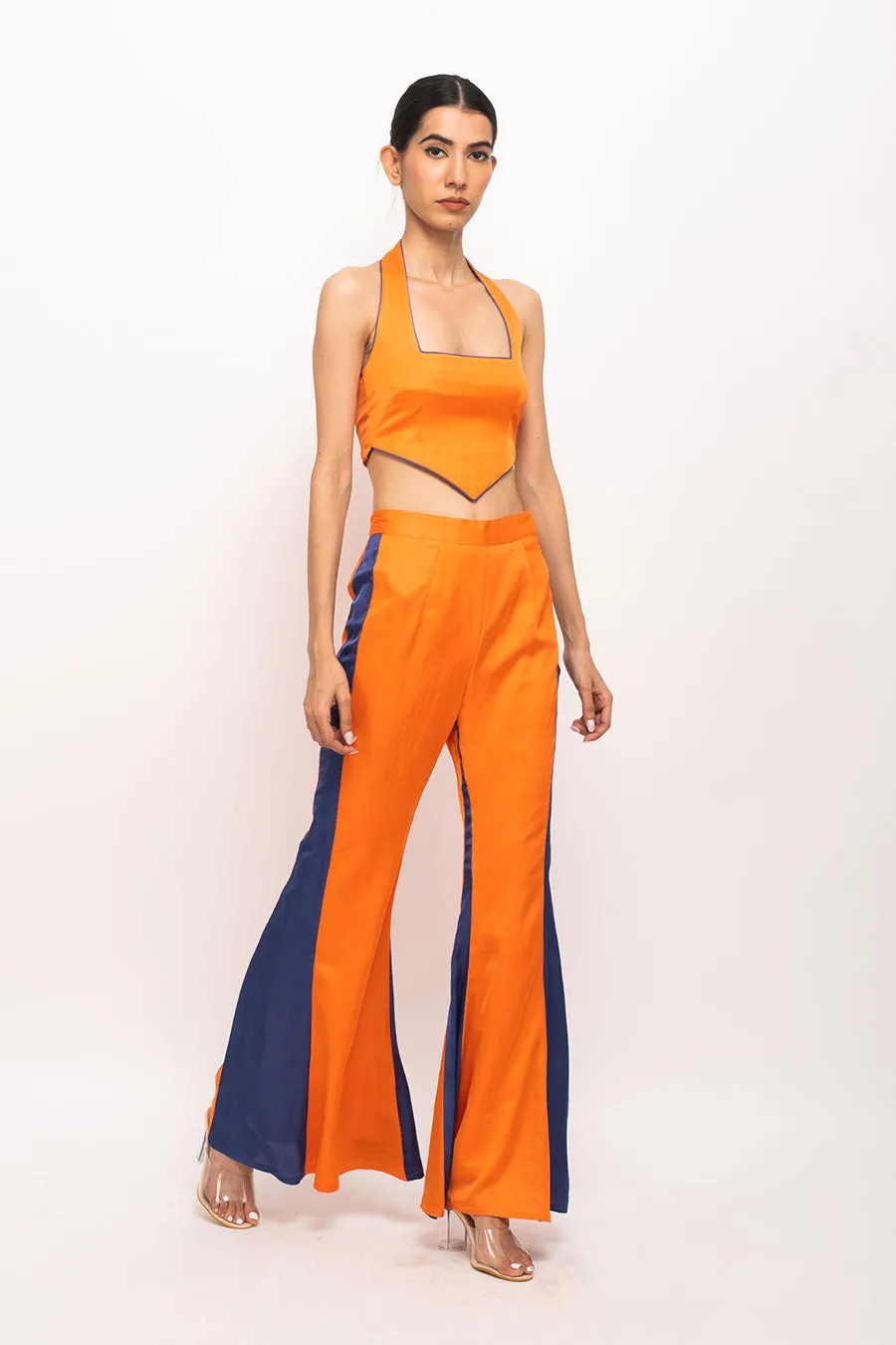 Orange-Blue Halter Neck Co-Ord Set