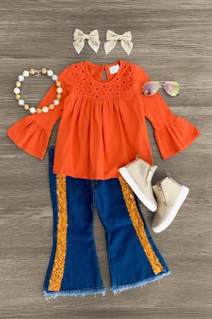 Orange Eyelet Lace Sequin Denim Flare Set