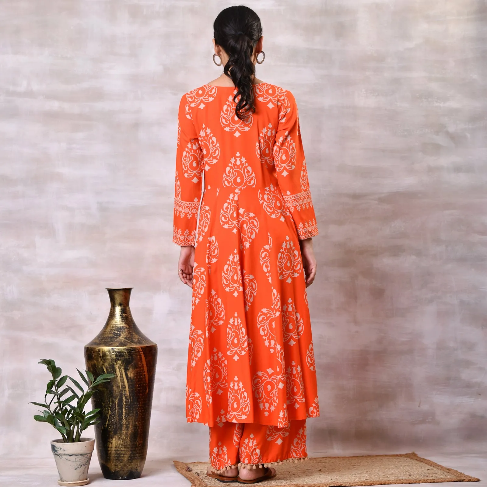 Orange Flared Kurta Dupatta Pant Set with Pompom Details