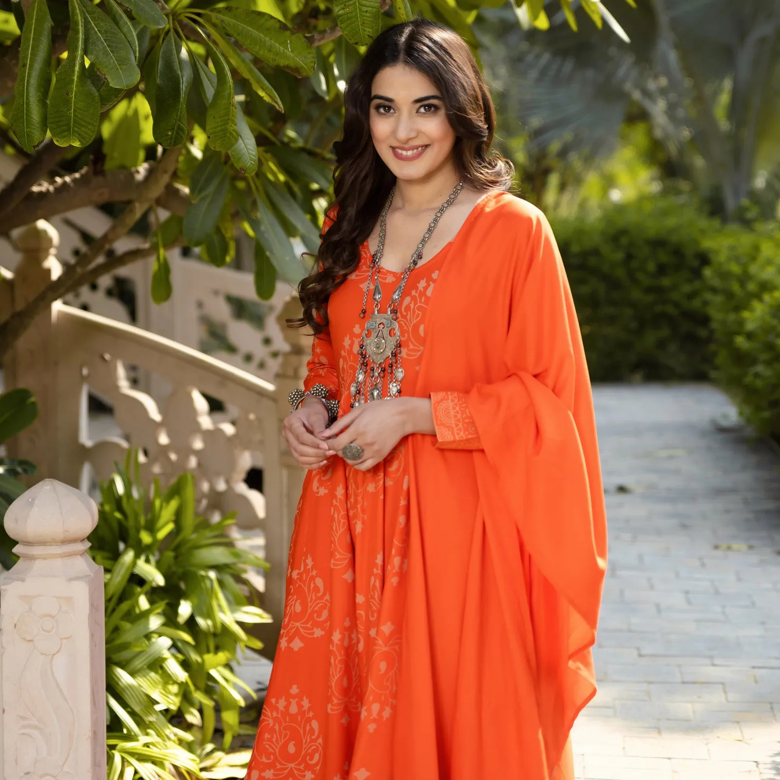 Orange Flared Kurta Dupatta Pant Set with Pompom Details