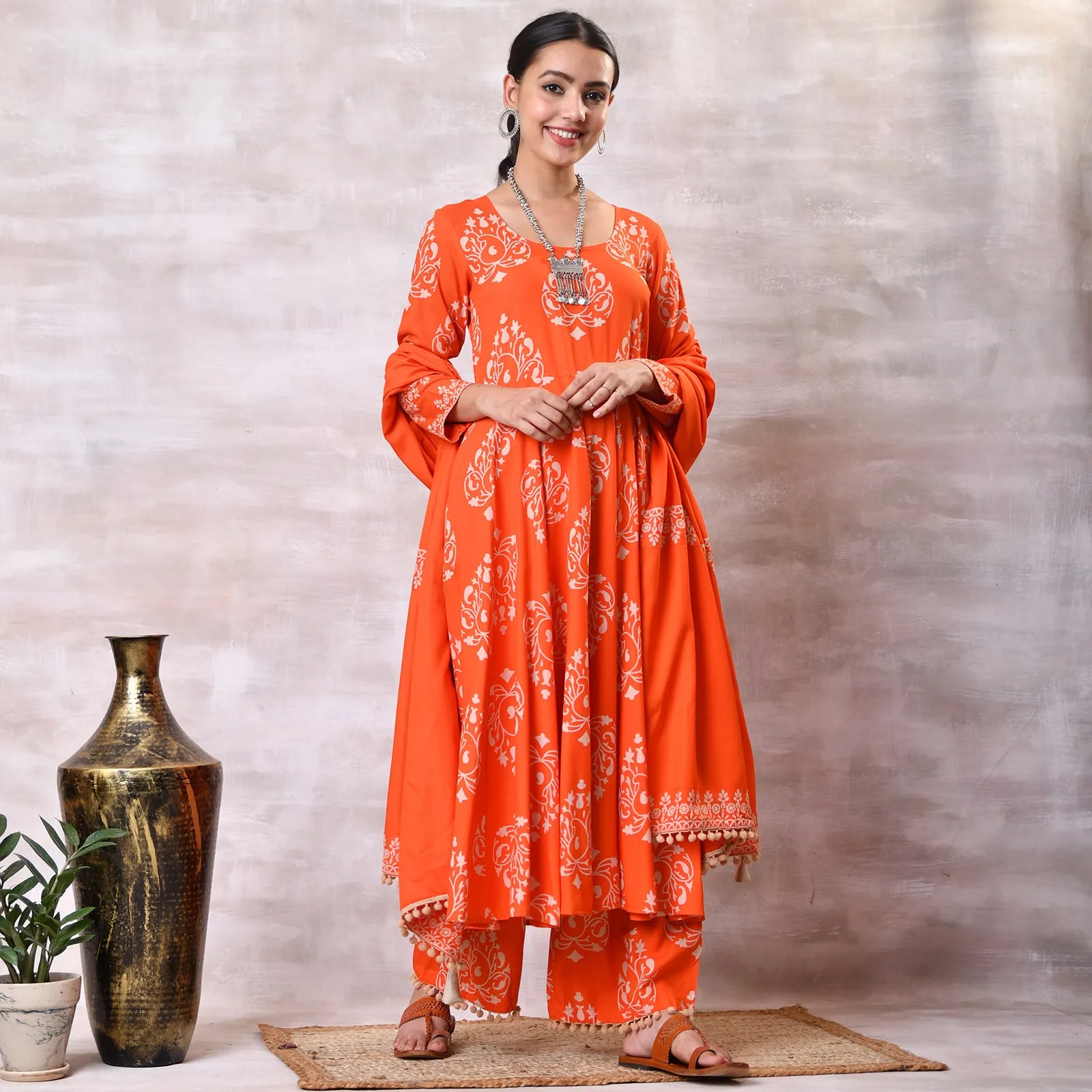 Orange Flared Kurta Dupatta Pant Set with Pompom Details