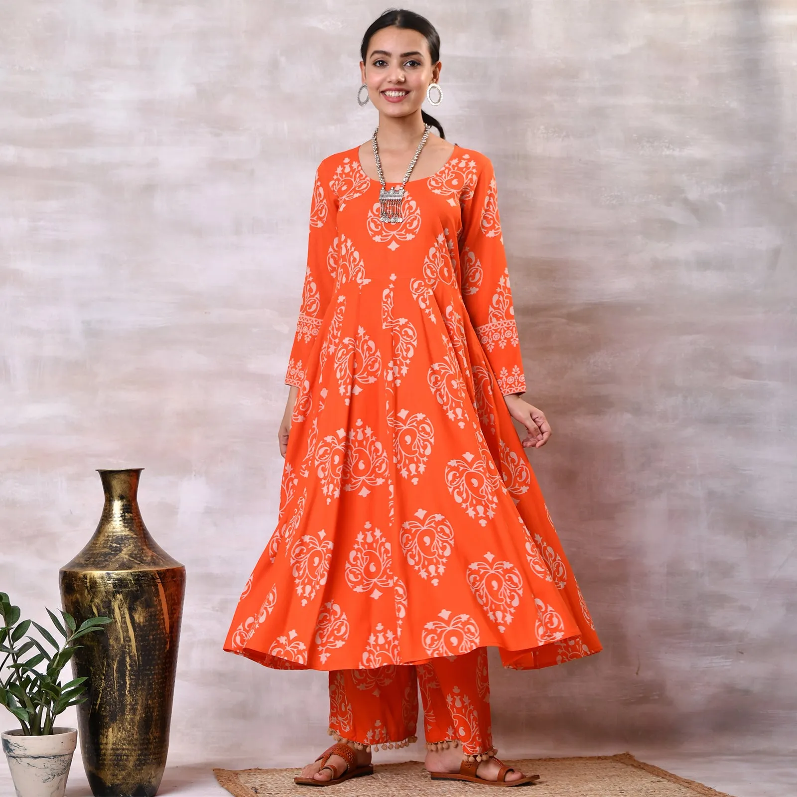 Orange Flared Kurta Dupatta Pant Set with Pompom Details