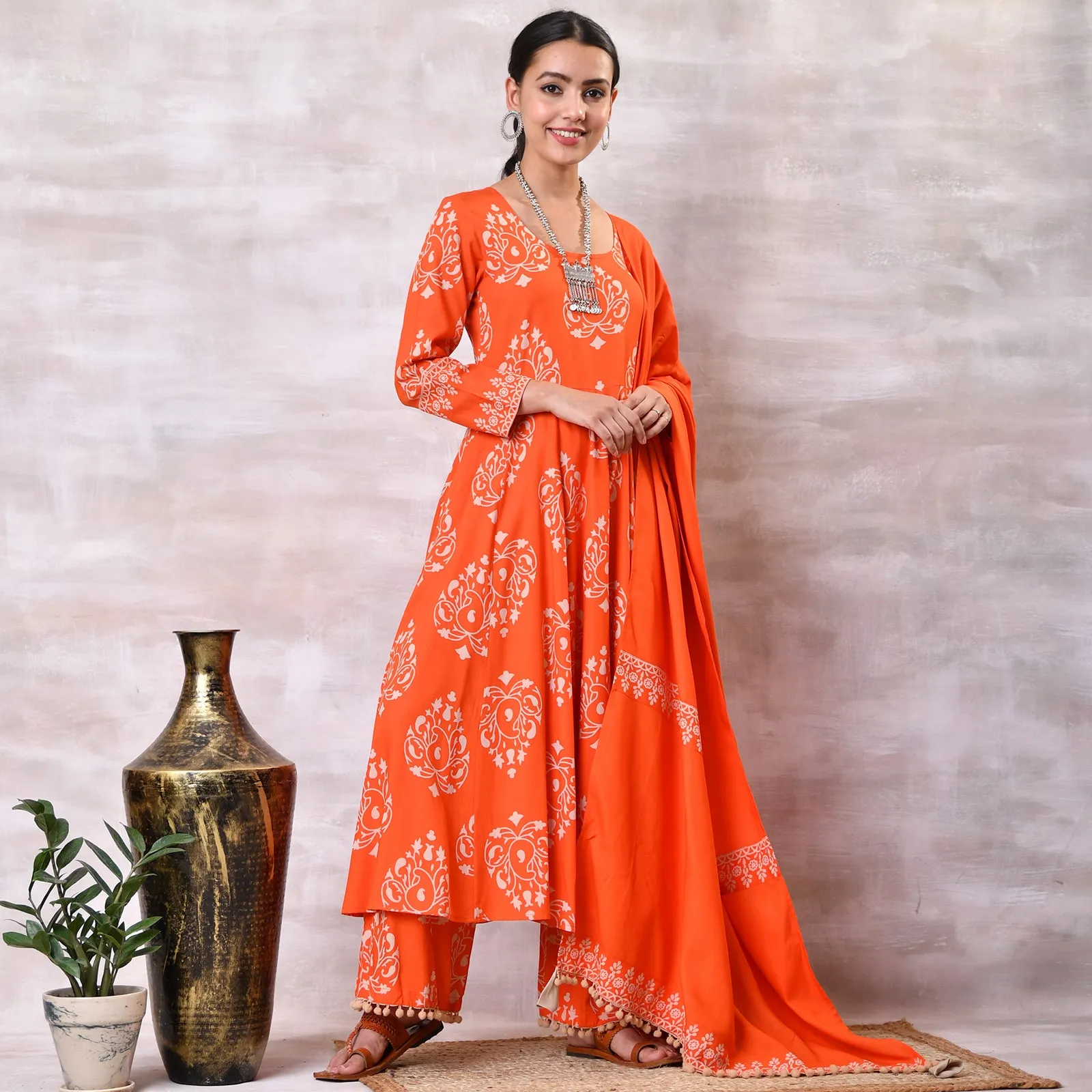 Orange Flared Kurta Dupatta Pant Set with Pompom Details