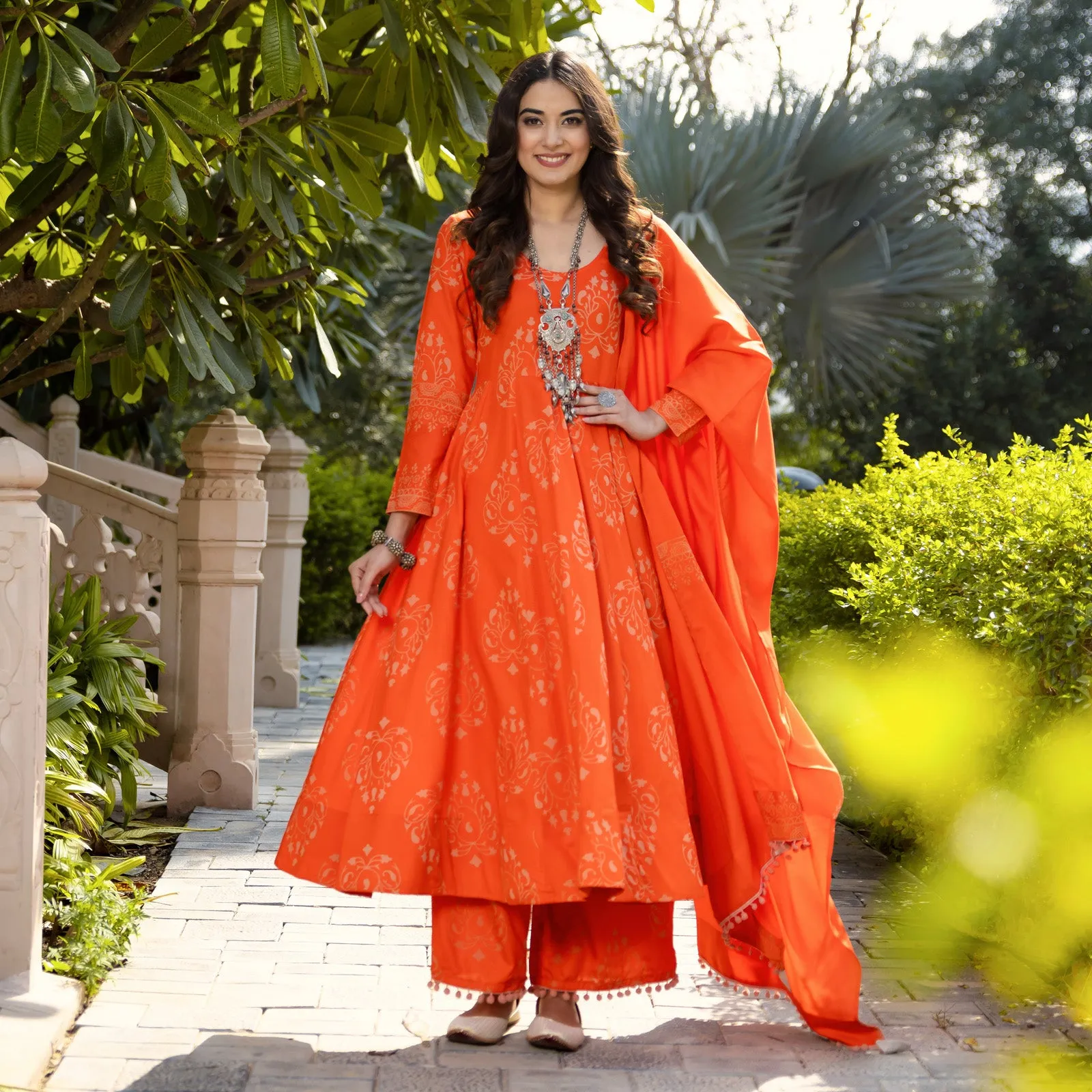 Orange Flared Kurta Dupatta Pant Set with Pompom Details