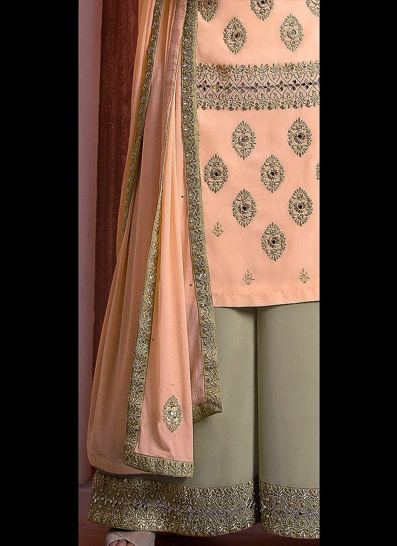 Pastel Orange And Green Embroidered Palazzo Suit