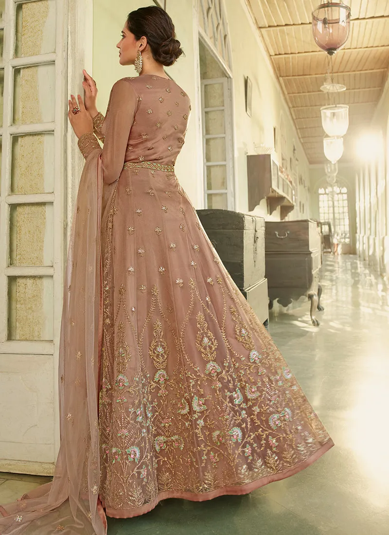 Peach Embroidery Slit Style Wedding Anarkali Suit