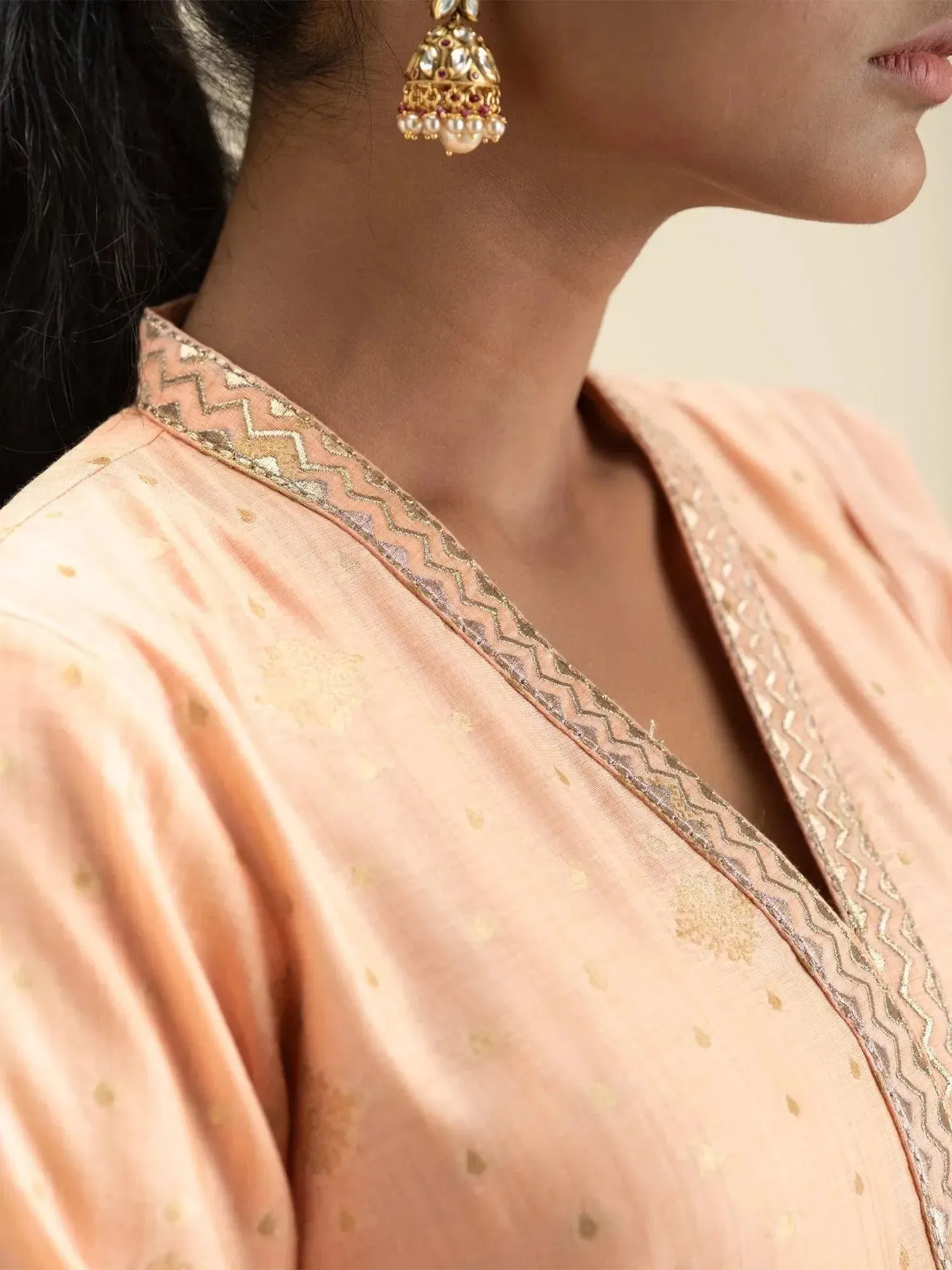 Peach Self Design Chanderi Silk Straight Kurta With Palazzos & Dupatta