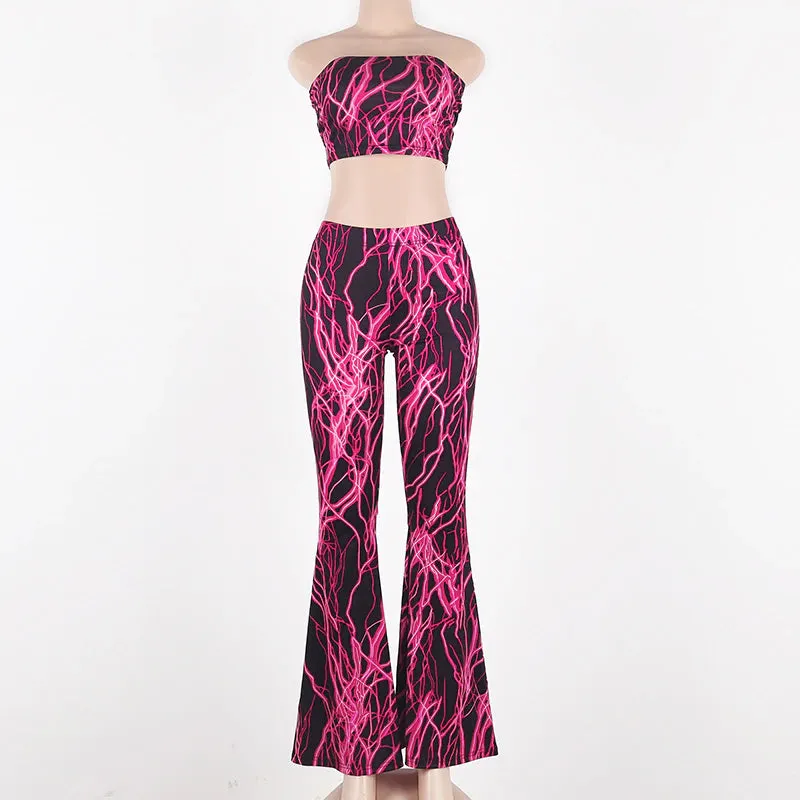 Pink Lightning Print Boob Tube & Flared Pants Set