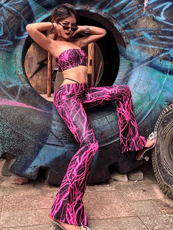 Pink Lightning Print Boob Tube & Flared Pants Set