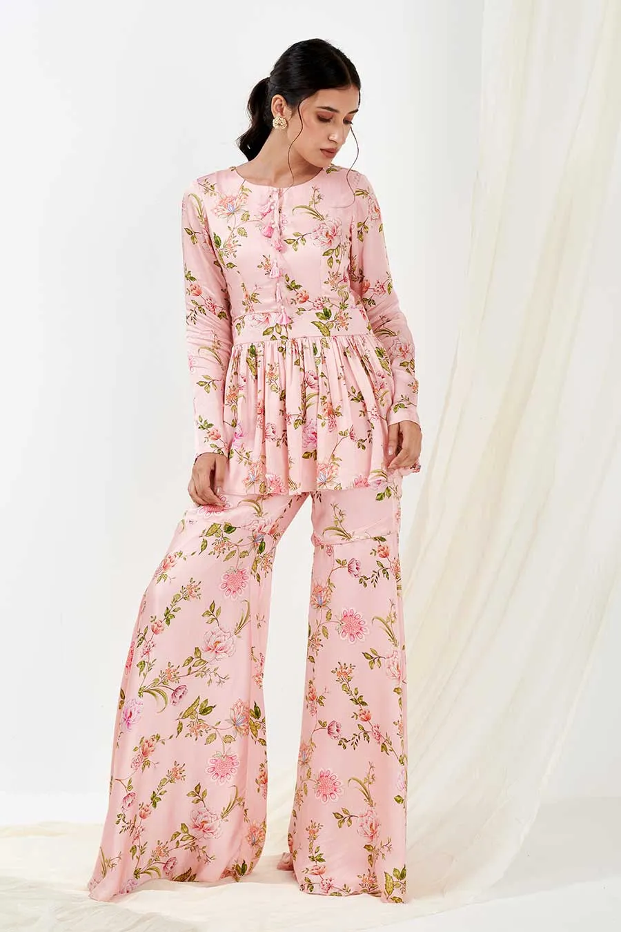 Pink Printed Peplum & Pants Co-Ord Set