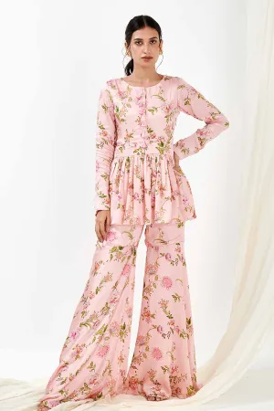 Pink Printed Peplum & Pants Co-Ord Set