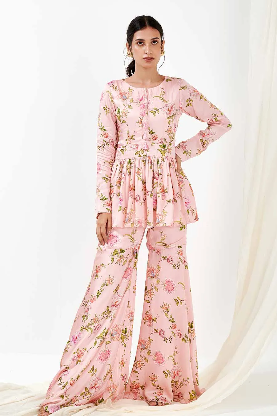 Pink Printed Peplum & Pants Co-Ord Set