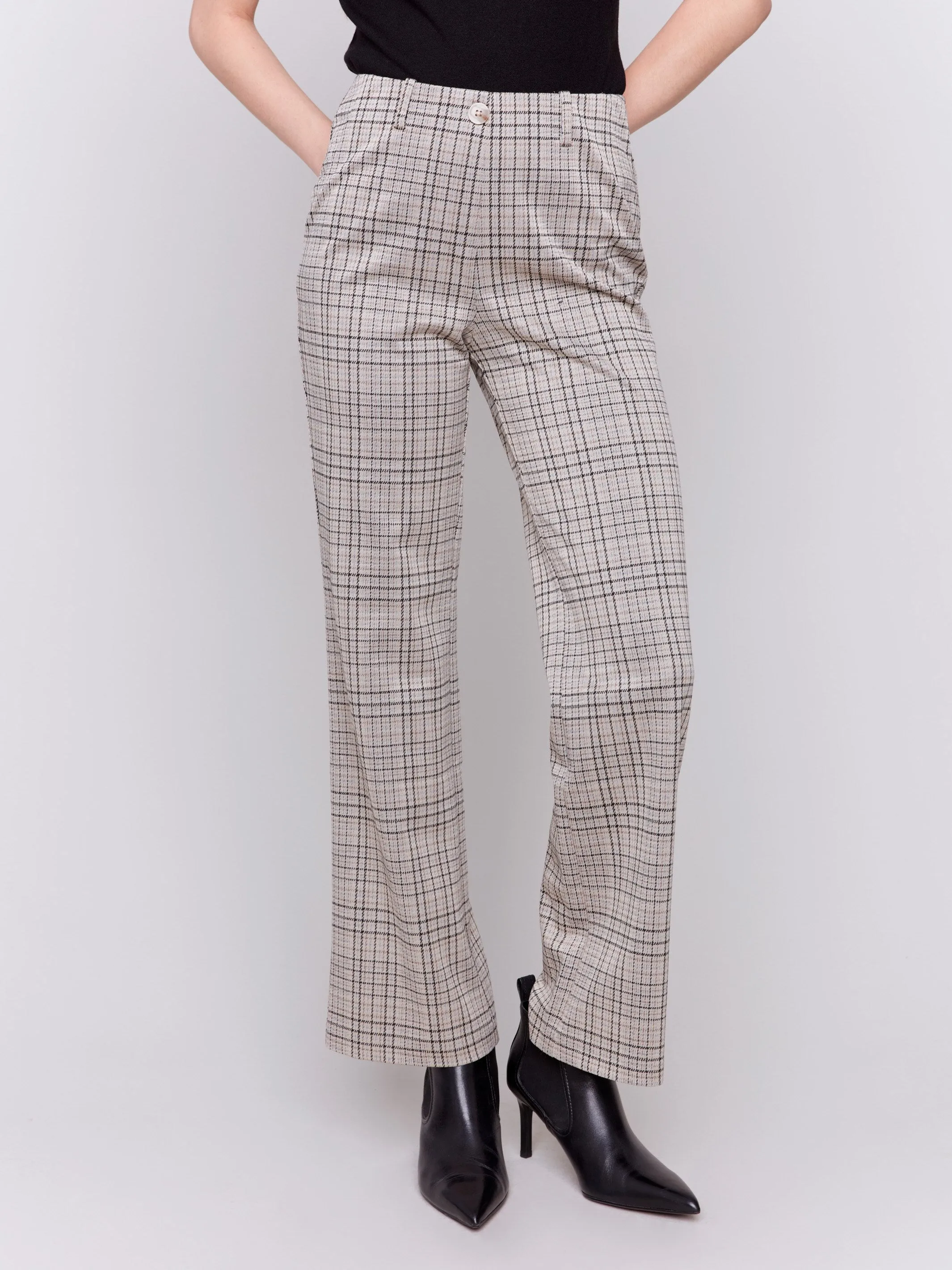 Plaid Ponte Pull-On Flare Pants - Almond