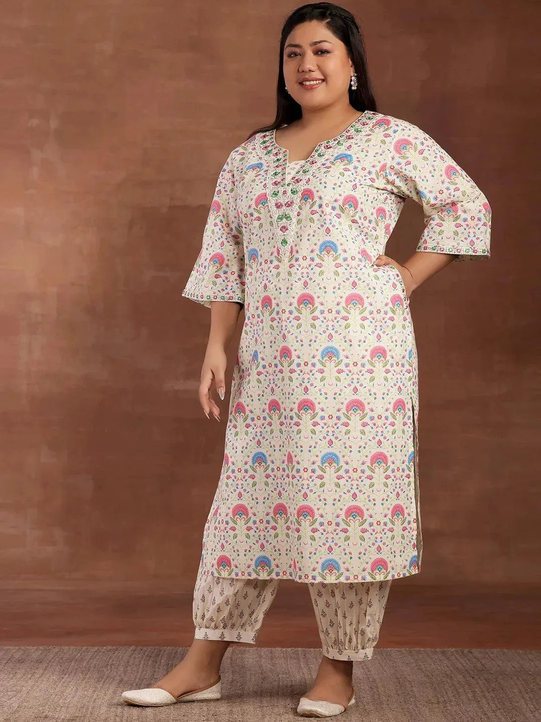 Plus Size Off White Printed Cotton Straight Kurta With Salwar