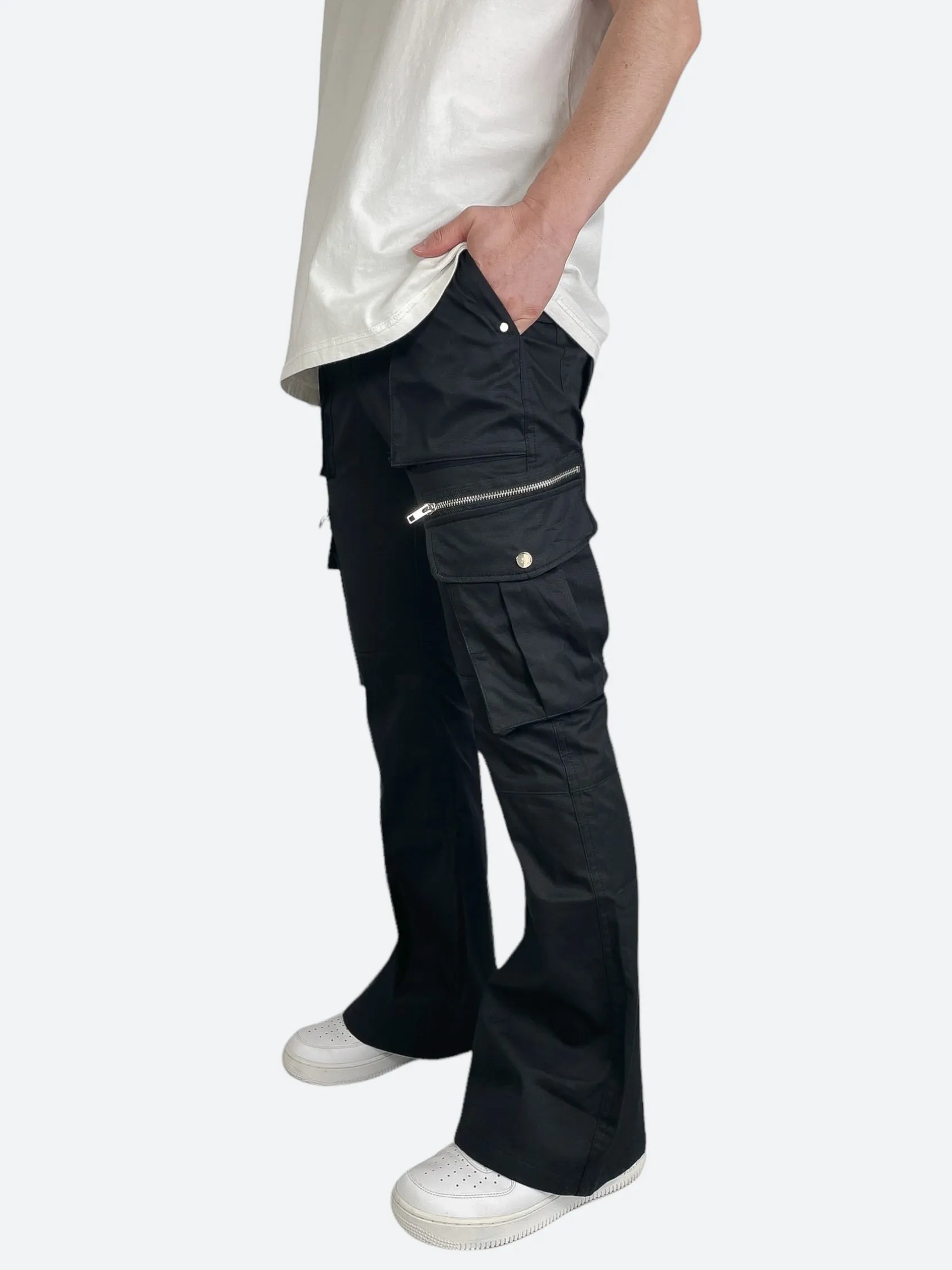 POCKET ZIPPER WORK CARGO FLARED PANTS：ポケットジッパーワークカーゴフレアパンツ