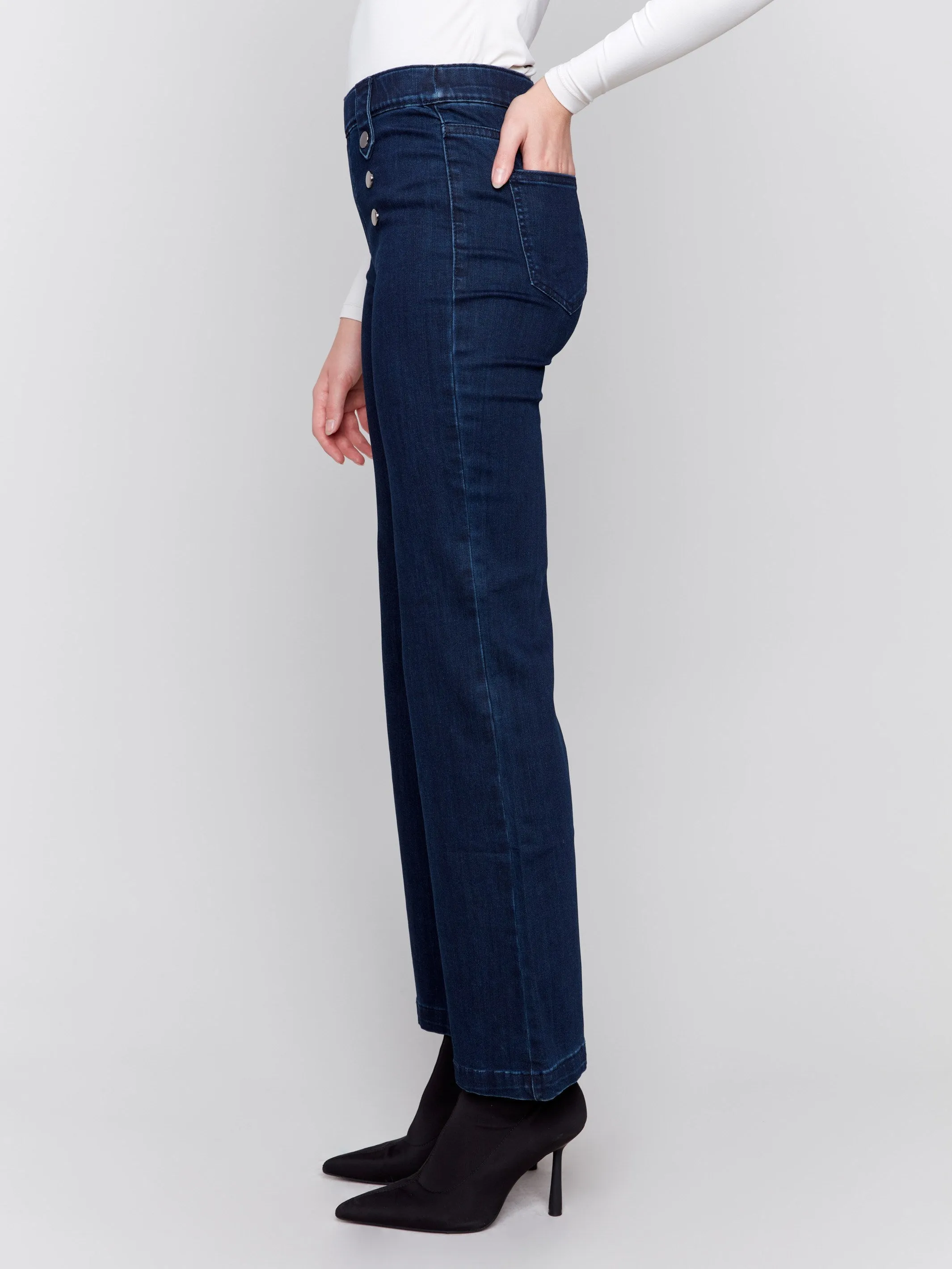 Pull-On Flare Jeans with Front Buttons - Blue Black