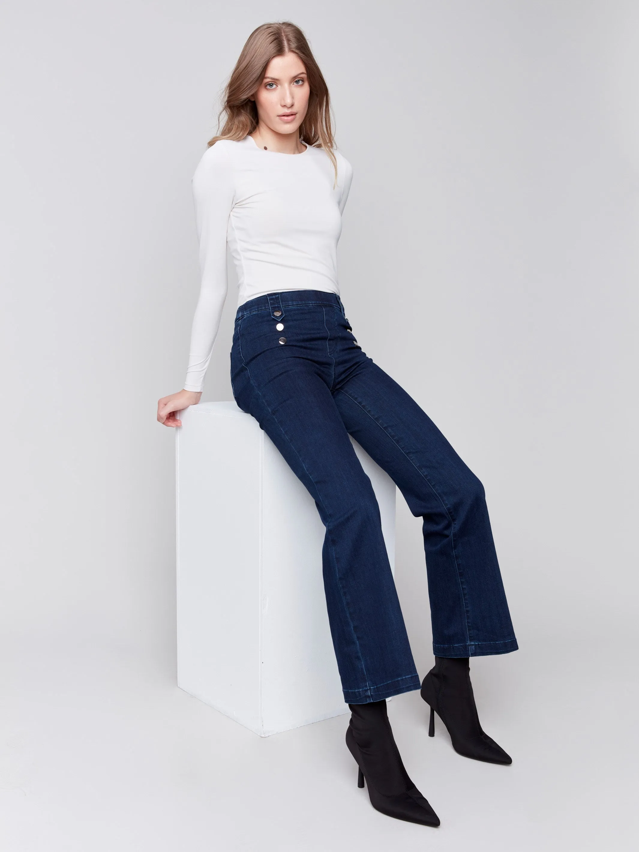 Pull-On Flare Jeans with Front Buttons - Blue Black