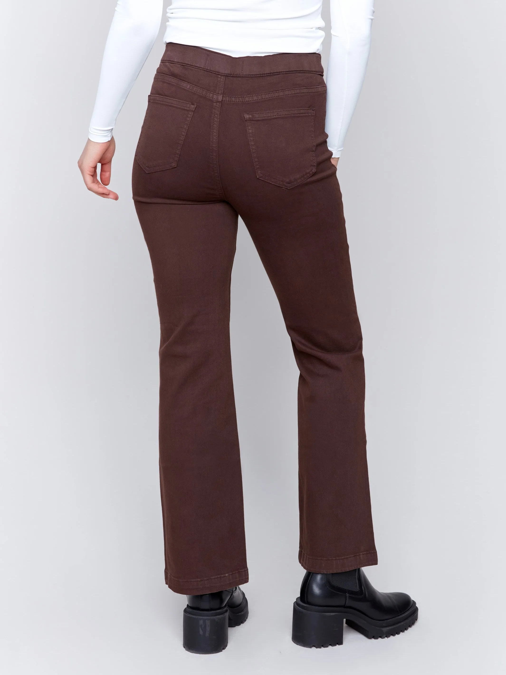 Pull-On Flare Twill Pants with Front Buttons - Mocha