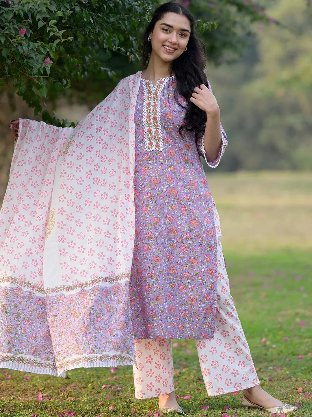 Purple Printed Cotton Straight Suit With Dupatta