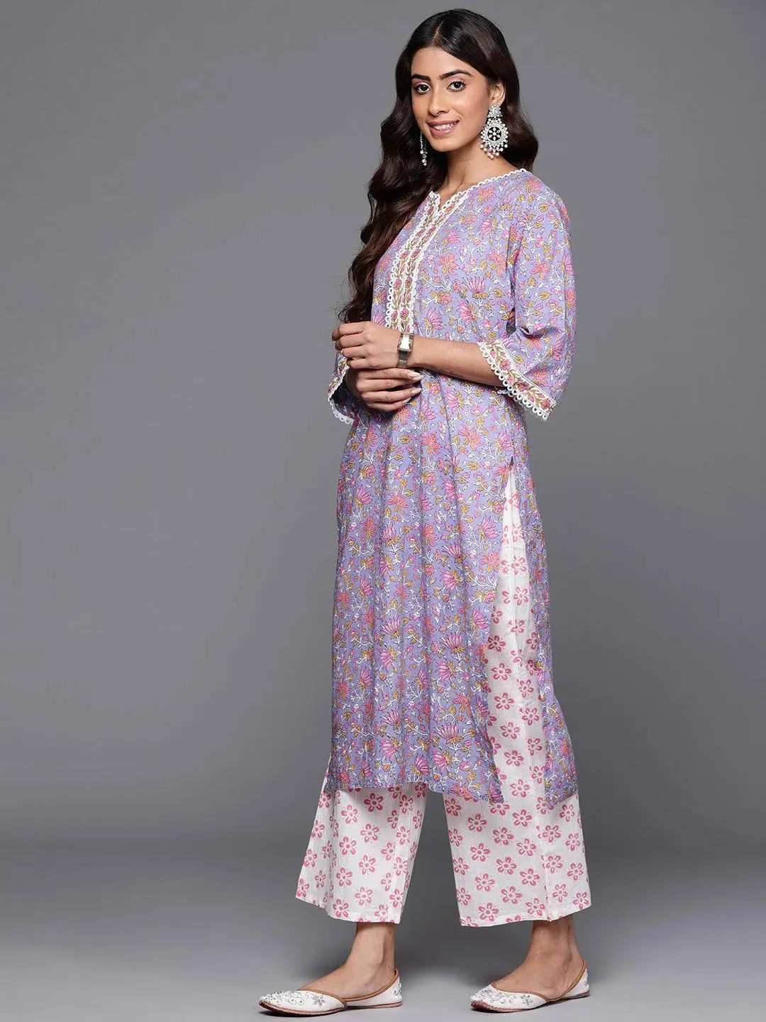 Purple Printed Cotton Straight Suit With Dupatta