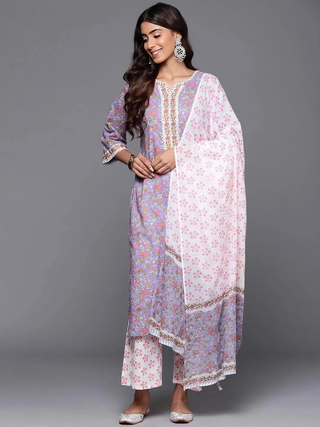 Purple Printed Cotton Straight Suit With Dupatta