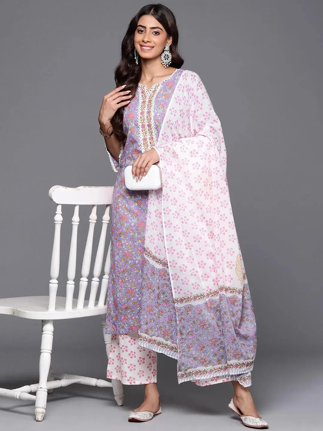 Purple Printed Cotton Straight Suit With Dupatta