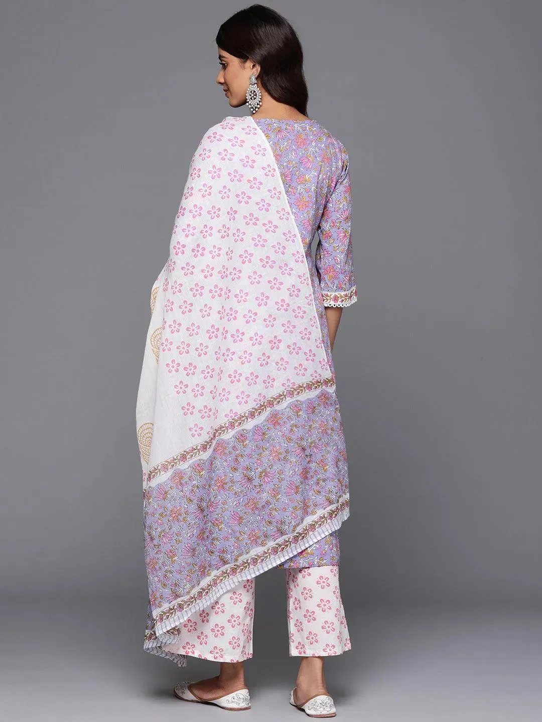 Purple Printed Cotton Straight Suit With Dupatta