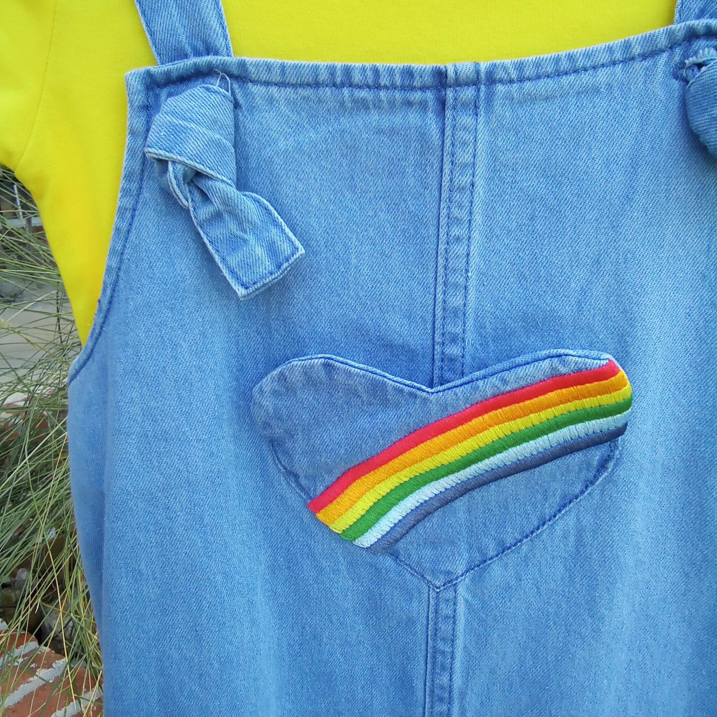 Rainbow Denim Jumper Dress | Bonnie Baby