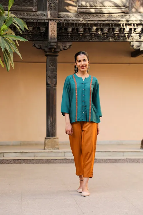 Rangsutra Juhi Teal Green Shirt With Crewel Embroidery