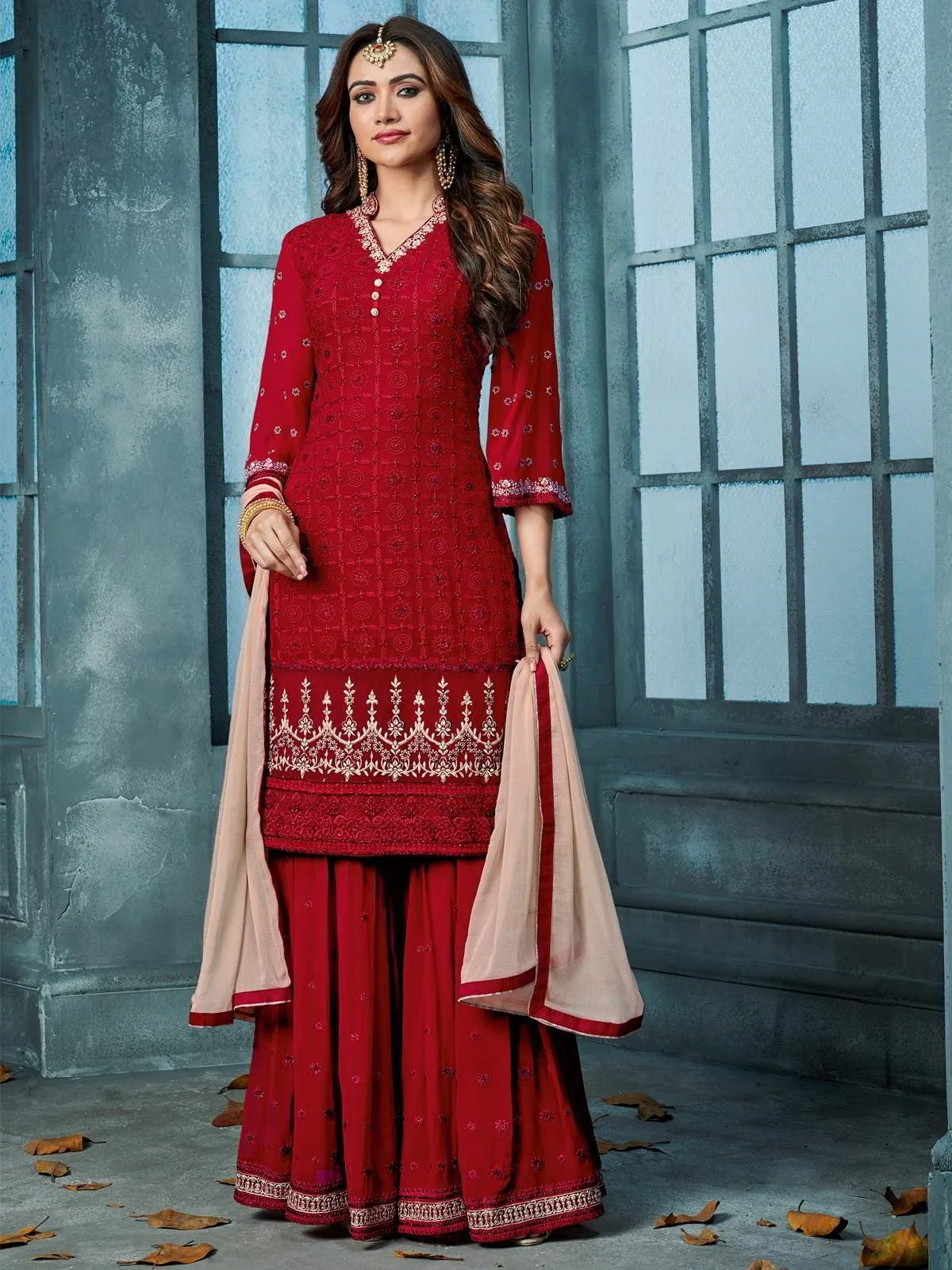 Red And Beige Embroidered Palazzo Suit