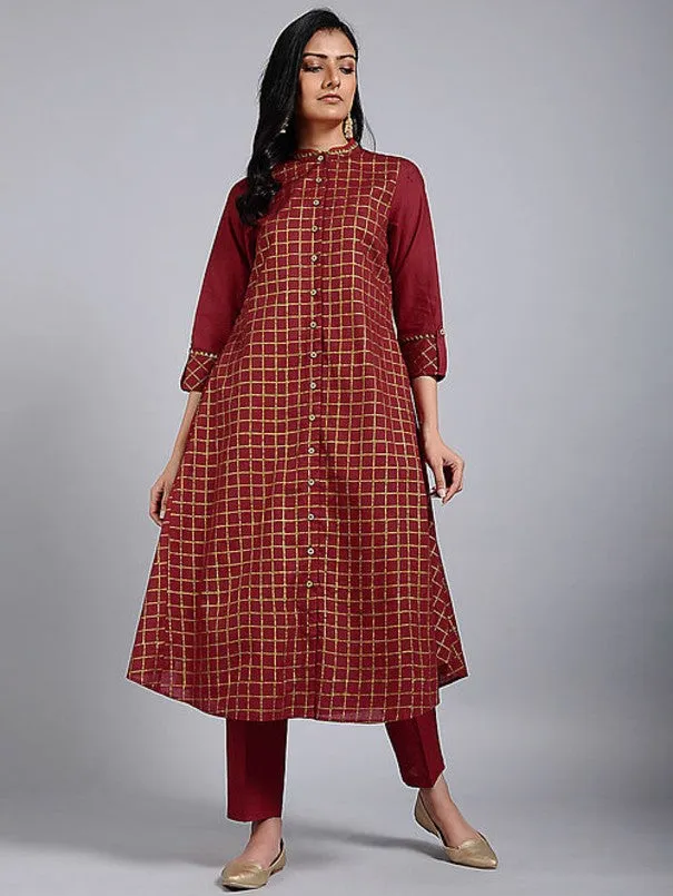 Red Gold Checks Pattern Kurta