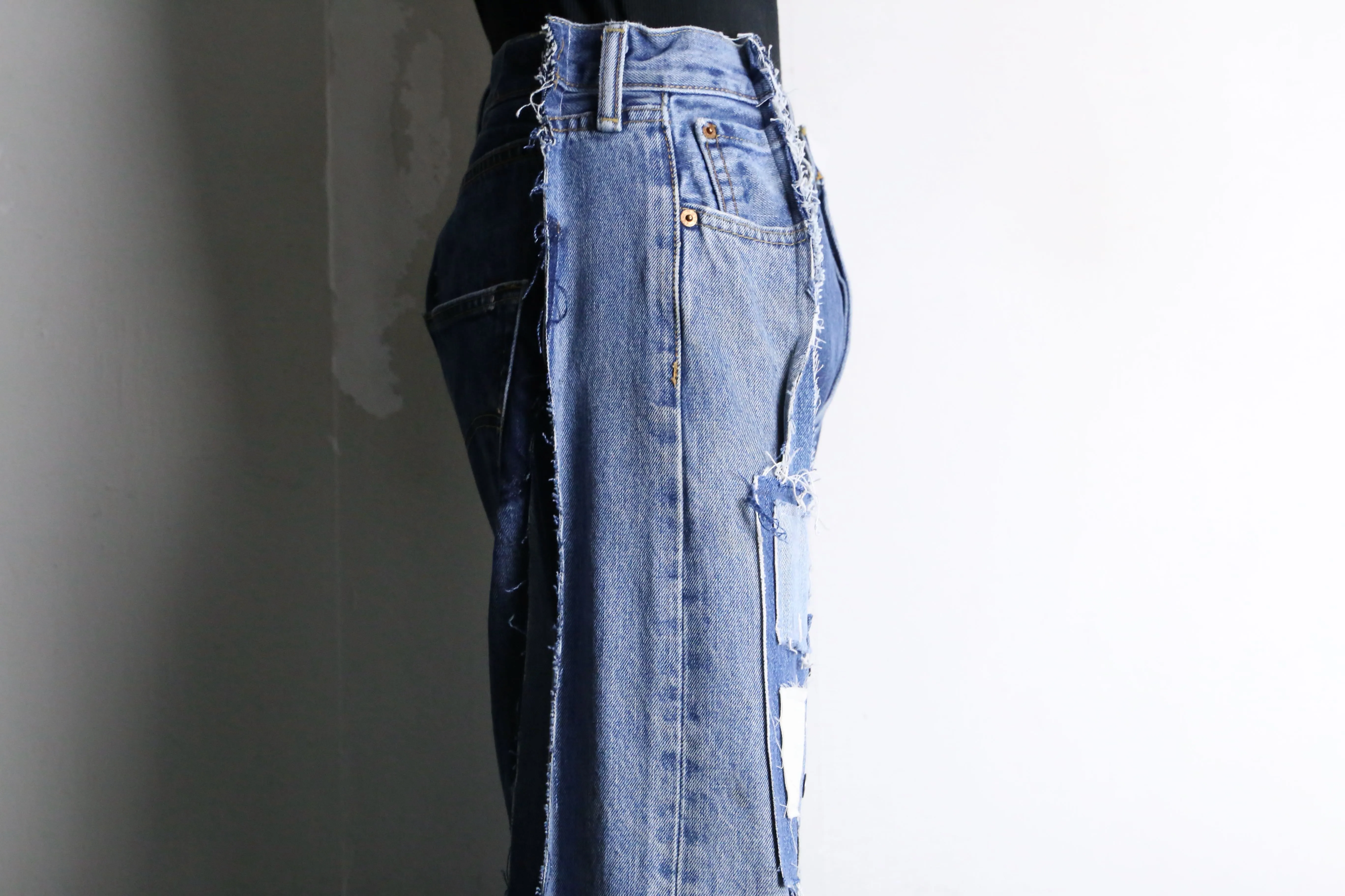 “Re:make” patchwork design super flare denim pants