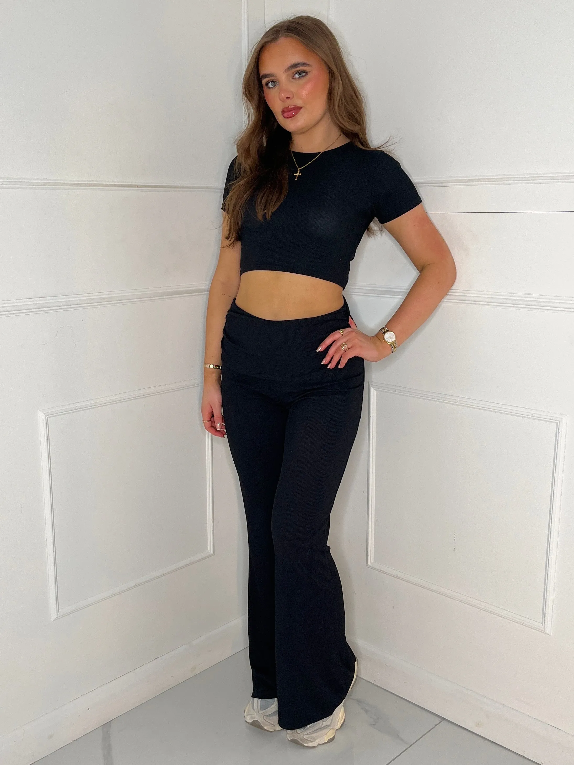 Ribbed Crop Top & Fold Over Flares Loungesuit - Black