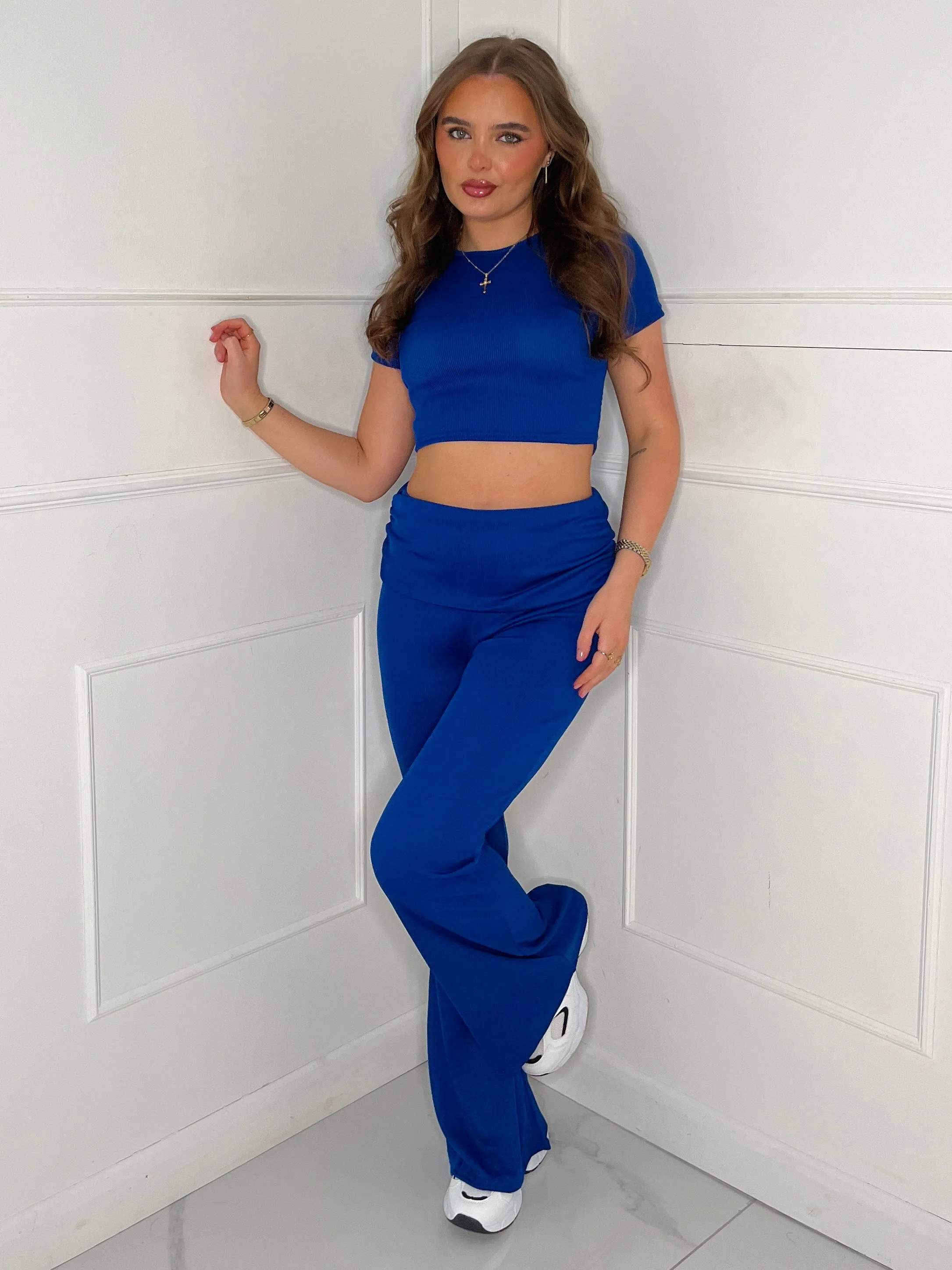 Ribbed Crop Top & Fold Over Flares Loungesuit - Cobalt Blue