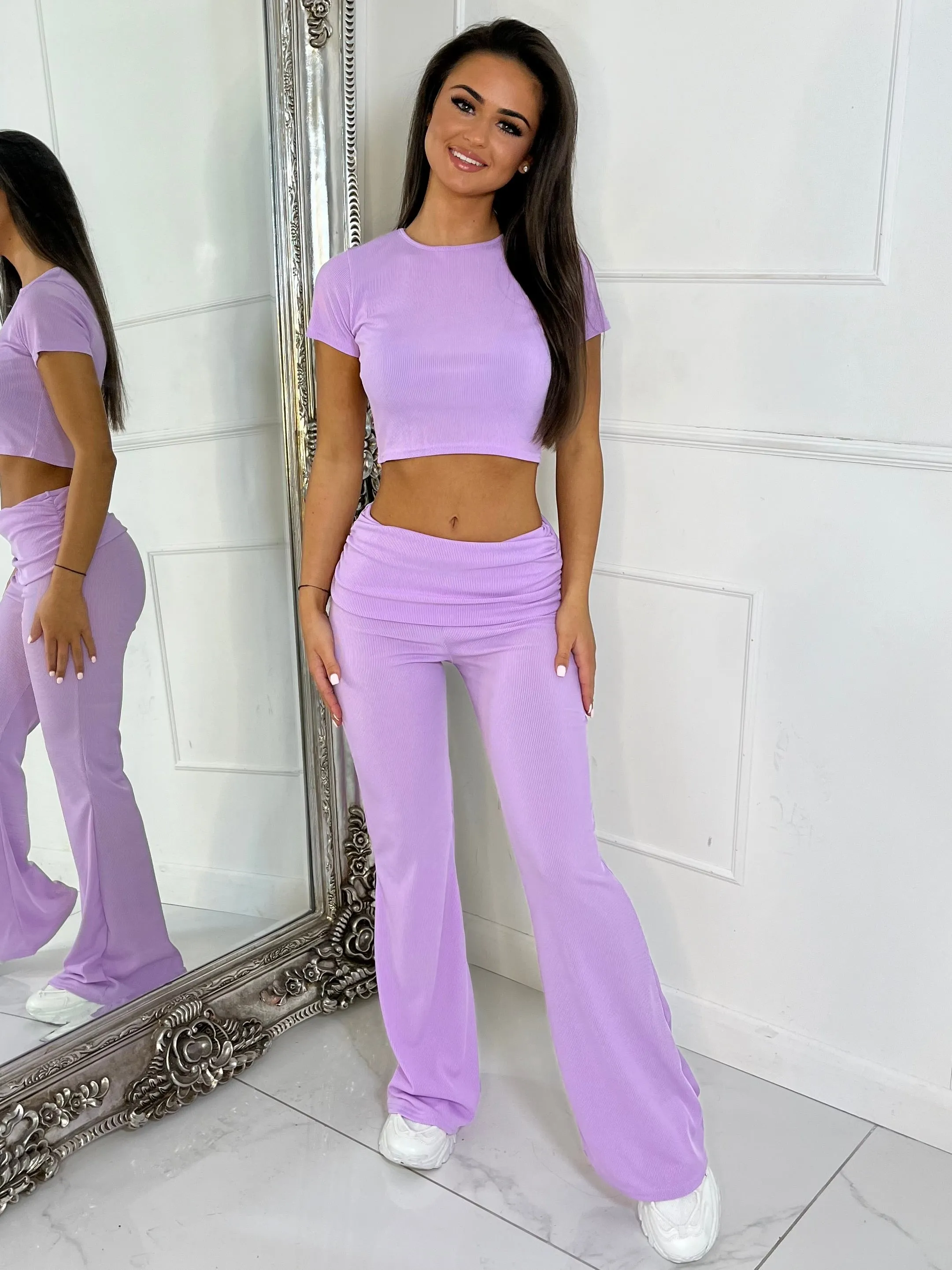 Ribbed Crop Top & Fold Over Flares Loungesuit - Lilac