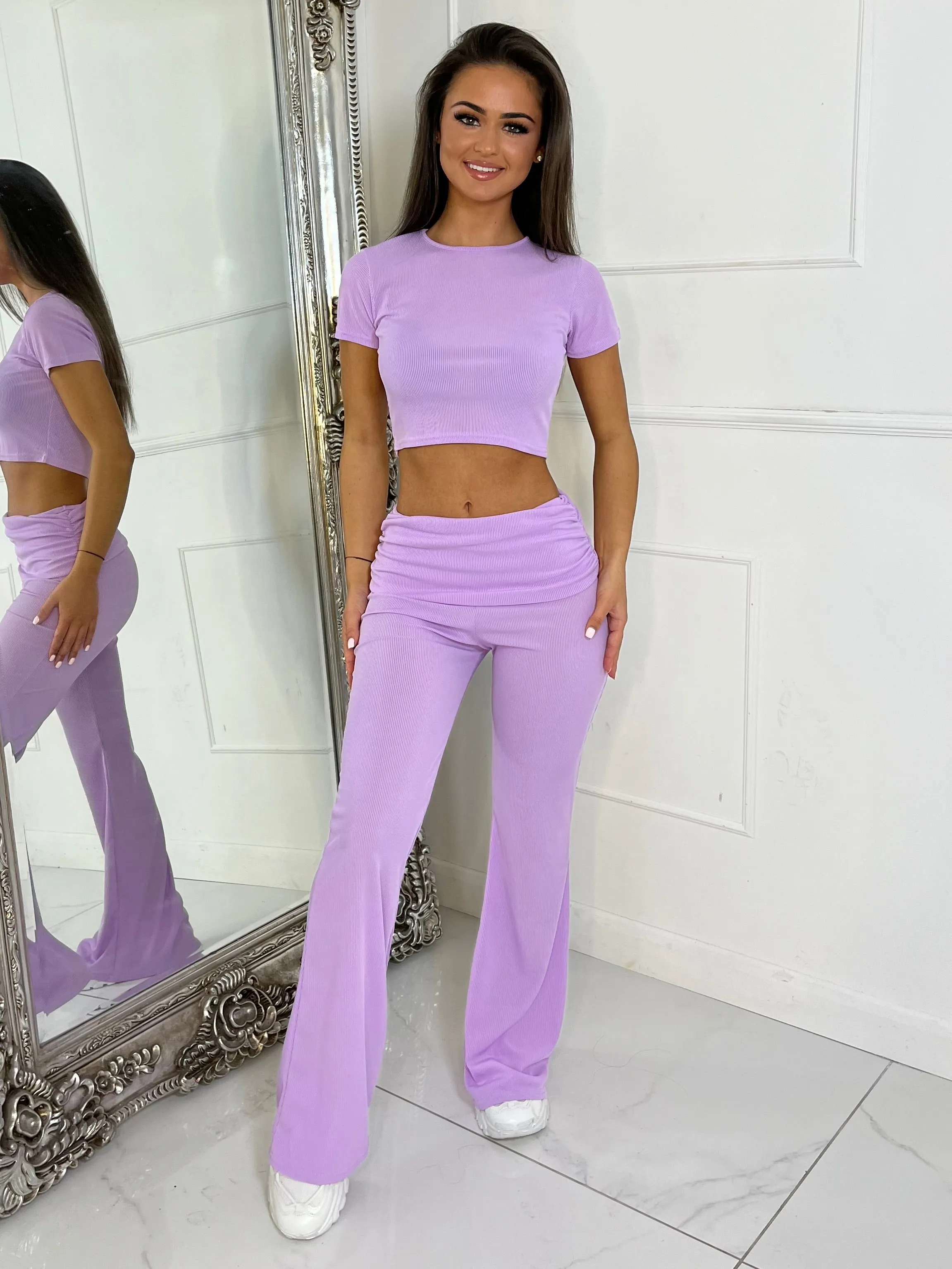 Ribbed Crop Top & Fold Over Flares Loungesuit - Lilac