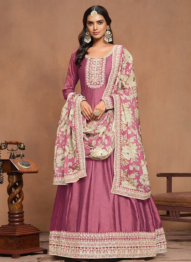 Rose Pink Embroidery Silk Anarkali Suit