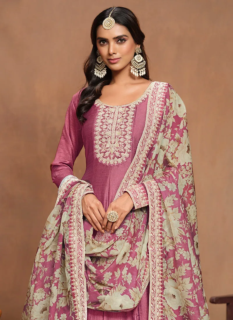 Rose Pink Embroidery Silk Anarkali Suit