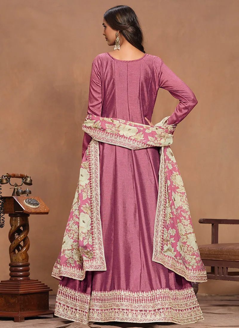 Rose Pink Embroidery Silk Anarkali Suit