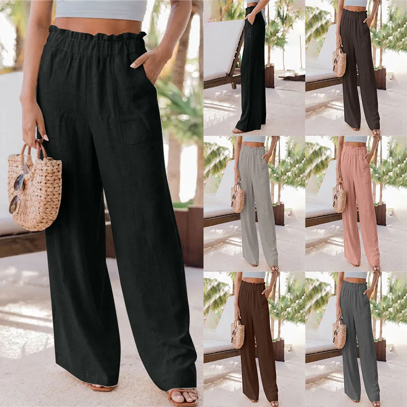 Ruffled Patch Pocket Mid Waist Wide Leg Pants (6 colors)